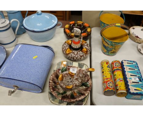 Two brightly coloured West German pottery bowls, a small baluster jug, pipe stand and two dishes 