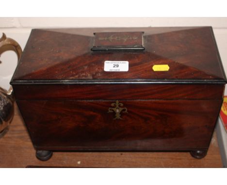 A Regency mahogany and brass inlaid tea caddy 