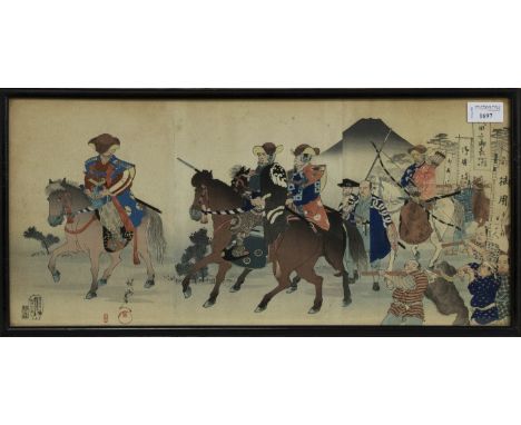 EARLY 20TH CENTURY JAPANESE WOODBLOCK PRINT TRIPTYCH, depicting figures on horseback, framed and under glass, 26.5cm x 56cm o