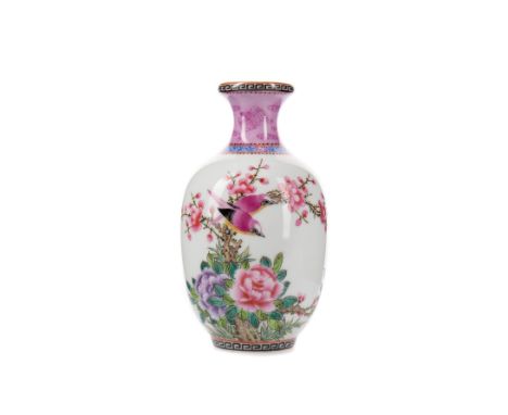 20TH CENTURY CHINESE VASE, of ovoid shape, decorated with birds on flowering branches in colours on a white ground, painted s