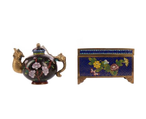 20TH CENTURY CHINESE CLOISONNE TEA POT, the gilt spout modelled as a mythical creature and the handle as an elephant's head a