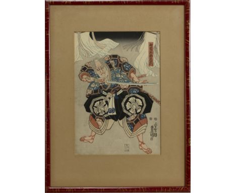EARLY 20TH CENTURY JAPANESE WOODBLOCK PRINT, depicting a samurai, 35cm x 25cm, mounted, framed and under glass