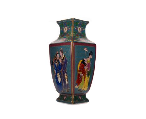 20TH CENTURY CHINESE POLYCHROME VASE, of square baluster form, painted with panels of figures beneath floral designs, painted