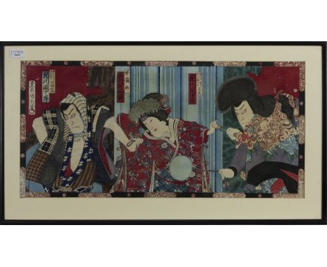 EARLY 20TH CENTURY JAPANESE WOODBLOCK PRINT TRIPTYCH, depicting actors, 35cm x 72cm overall image size, mounted, framed and u
