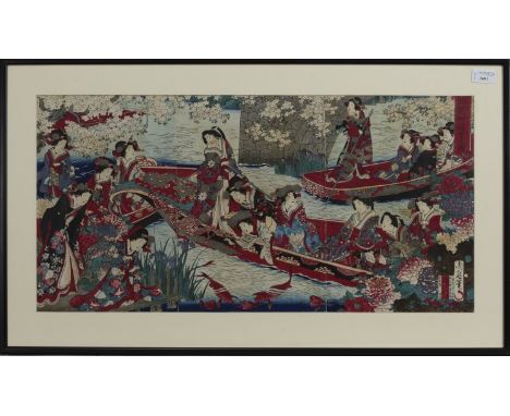 EARLY 20TH CENTURY JAPANESE WOODBLOCK PRINT TRIPTYCH, depicting a continuous scene of women on boats, 35cm x 71cm overall ima