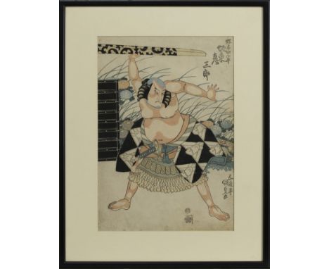 EARLY 20TH CENTURY JAPANESE WOODBLOCK PRINT, depicting a samurai, mounted, framed and under glass