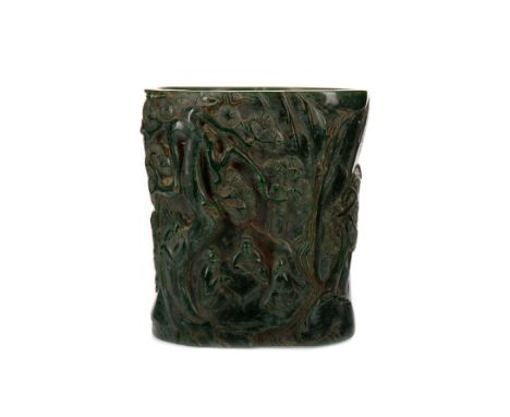 20TH CENTURY CHINESE JADE BRUSH POT, carved in relief with figures and flowering branches, incised character marks and seal, 