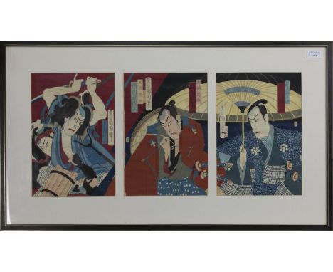 EARLY 20TH CENTURY JAPANESE WOODBLOCK PRINT TRIPTYCH, depicting actors, each image 35cm x 23cm, mounted, framed and under gla
