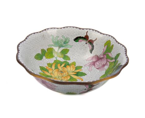 20TH CENTURY CHINESE CLOISONNE ENAMEL BOWL, of circular form with scalloped rim, decorated overall with flowers, leaves and b