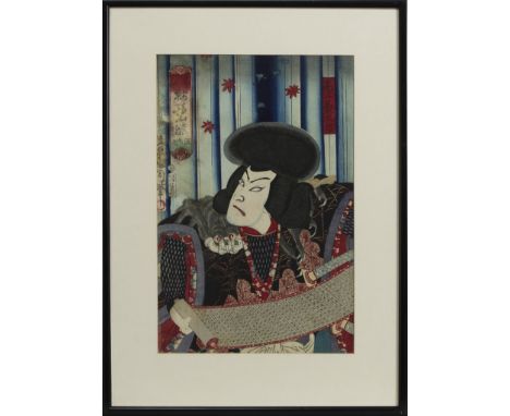 EARLY 20TH CENTURY JAPANESE WOODBLOCK PRINT, depicting an actor reading a scroll, mounted, framed and under glass