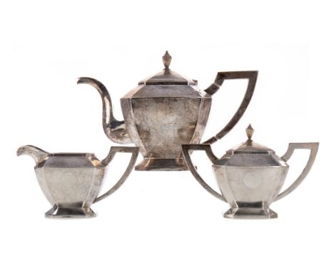 CHINESE SILVER TEA SERVICE, comprising tea pot, lidded sugar and cream, each piece stamped ZS (?) (rubbed, initials not clear