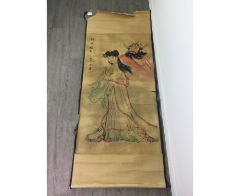 20TH CENTURY CHINESE SCROLL, print decorated with a lady and gentleman and with script to upper left, rolled, image size 103c