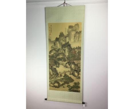 20TH CENTURY CHINESE SCHOOL BRUSH AND INK PAINTING, depicting a mountainous river landscape scene, with script, seal mark upp