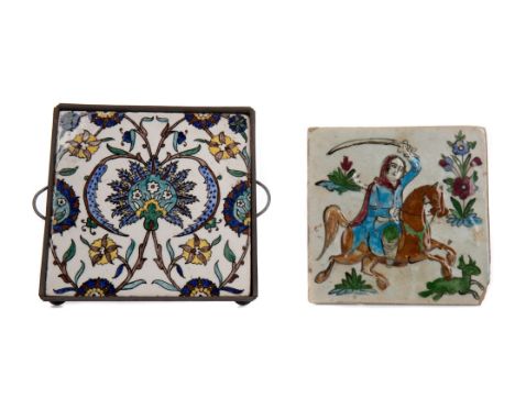 ISNIK TILE, decorated in underglaze blue and polychrome enamels with lotus sprays, 20cm x 20cm, in metal frame, along with an
