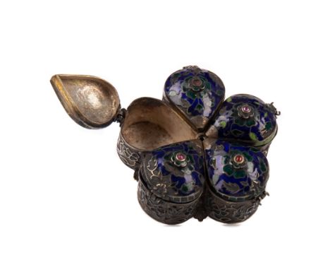 EARLY 20TH CENTURY MIDDLE-EASTERN WHITE METAL AND ENAMEL SPICE BOX, of five divisions with foliate motif decoration overall, 
