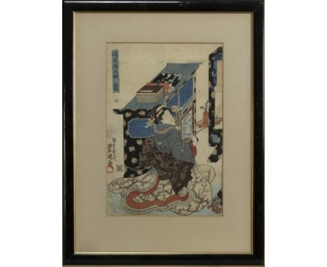 LATE 19TH/EARLY 20TH CENTURY JAPANESE WOODBLOCK PRINT, depicting a geisha, 33.5cm x 23cm, mounted, framed and under glass