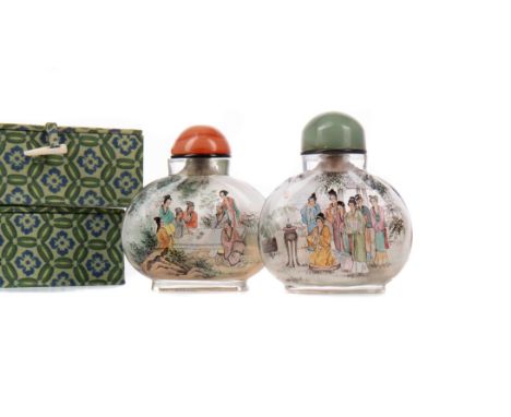 TWO 20TH CENTURY CHINESE INTERIOR PAINTED SNUFF BOTTLES, decorated with court ladies and scholars respectively, 8cm high, eac
