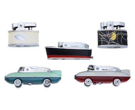 A collection of five novelty lighters, circa 1960, comprising three Japanese examples by SAROME, with two of ‘Blue-Bird’ desi