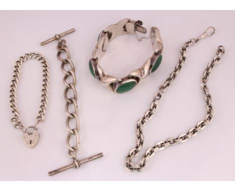 Four bracelets to include a Malachite set marked ''Sterling 925', a H/M curb link with padlock clasp, a H/M curblink with two