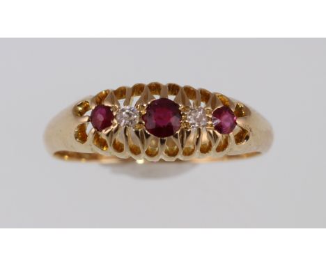 An 18ct ruby and diamond five stone ring H/M Birmingham 1913, approx 2.8gms, size N