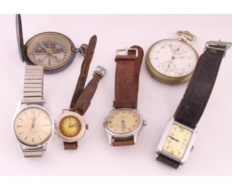 Five watches to include a nickel cased single button chronograph (A/F), an Accurist steel wristwatch, an Art Deco chromed wri