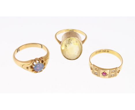 A Victorian 18ct ruby & pearl gypsy set ring (some pearls missing) H/M Birmingham 1890, an unmarked gold opal-doublet set rin