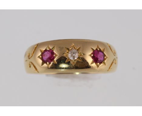 A Victorian 18ct H/M Birmingham 1899 ruby & diamond three-stone ring, approx weight 3.1gms, size M