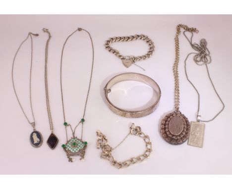 Assorted silver jewellery to include Victorian oval locket, enamel & marcasite pendant, hollow bangle curb bracelet, etc, app