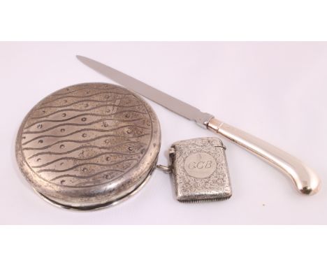 A modern cased silver handled letter knife together with a silver vesta case H/M Birmingham 1898 & a powder bowl lid H/M Birm