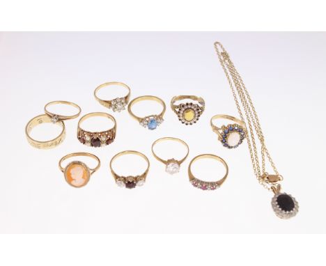 Eleven stone set rings, most 9ct H/M including diamond, cameo, opal, Victorian etc together with a 9ct sapphire set pendant &