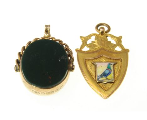 A 9ct H/M rose fold swivel fob and a 9ct H/M enamelled fob medal Birmingham 1937