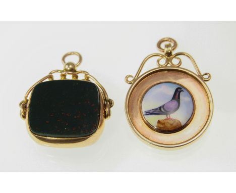 A 9ct rose gold swivel fob Birmingham 1901 and a 9ct H/M enamelled fob medal Birmingham 1934