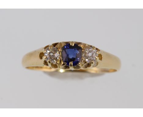 A Victorian 18ct sapphire and diamond three stone ring H/M Chester 1899, approx 3.4gms, size S