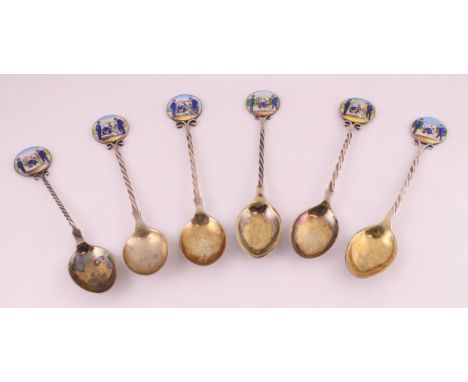 Six enamelled tea spoons each decorated with an ambulance scene, four H/M 1930's & two marked Sterling, approx total weight 1