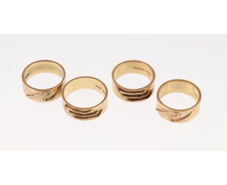 POLICE - Four 9ct H/M wedding bands with applied decoration, total approx 25.2gms  [VAT ON HAMMER PRICE]
