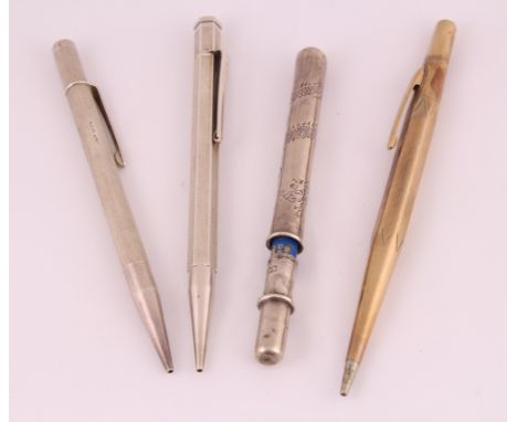 Two silver H/M 'Yard-O-Lead' style pencils, another marked '9ct Gold-Life-Long' & a Chinese dragon engraved example (4)