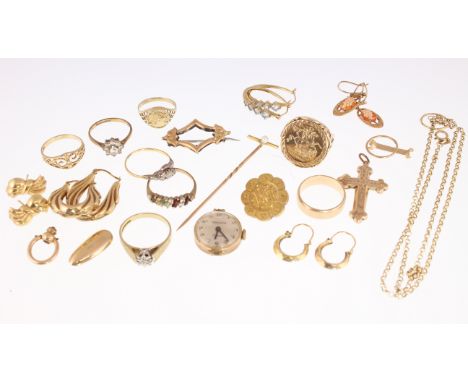 A quantity of gold & yellow metal jewellery to include rings, stick pin, colar stud marked 15ct, earrings etc, approx total w