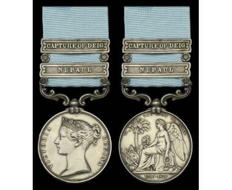 Army of India 1799-1826, 2 clasps, Capture of Deig, Nepaul (S. Dobson, 8th Lt. Dragns.) short hyphen reverse, officially impr