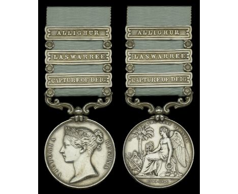 Army of India 1799-1826, 3 clasps, Allighur, Laswarree, Capture of Deig (G. Hunter, 29th Lt. Dragns.) short hyphen reverse, o