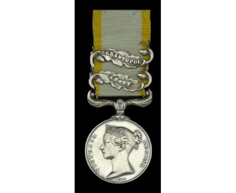 Crimea 1854-56, 2 clasps, Azoff, Sebastopol, unnamed as issued, Sebastopol clasp loose on ribbon as issued, light contact mar