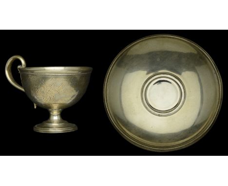 A Presentation Cup and Saucer to an N.C.O. of the 52nd Light Infantry. White metal, believed manufactured in Malta and so mar