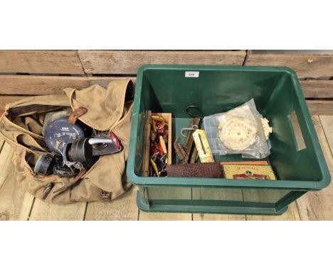 A collection of vintage fishing items; old fishing bag, vintage scales, vintage Minos &amp; other items. 