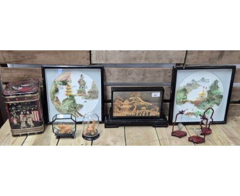 A collection of oriental collectables; Mother of pearl plaques, vintage Cork sculptures in fitted cases, oriental tin togethe