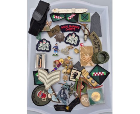 A Collection of mixed military items; patches- Royal Marine Cadets, J Hudson &amp; Co Military whistle, Tri- Ang Minic SS Var