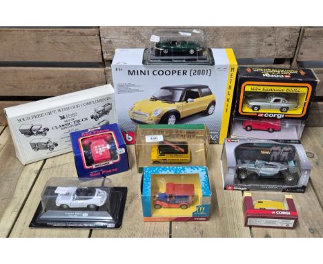 A collection of boxed models &amp; burago 1/24 mini cooper kit, Corgi 1954 Mercedes 300SL, burago Mercedes formula one car, D