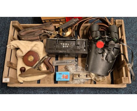 A crate of vintage tools, binoculars, kodak projector, vintage tool belts, brass blow torch, Stanley plane &amp; other items 