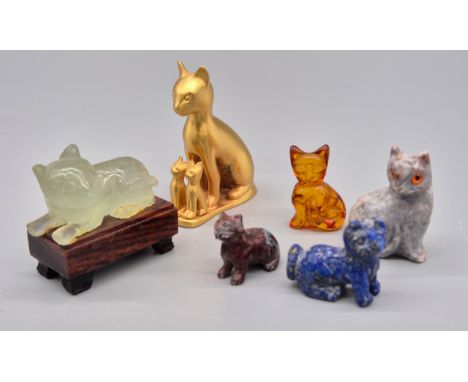 A Collection of Miniature cat sculptures; Amber cat, Lapis Lazuli cat, Raw Opal carved cat, Jade carved cat, Grey stone cat a
