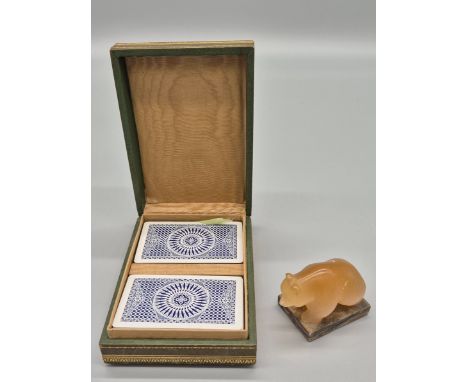 Leather and gilded playing card box fitted with a Chinese Jade Sculpture to the lid. Produced by Ovington, Chicago- New York.