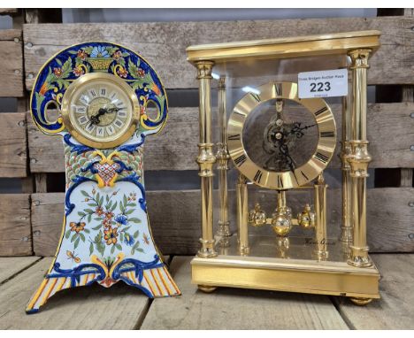 West German Kundo brass Skelton mantle clock together with Mercedes West Germany Clock fitted within a French tin glaze body.
