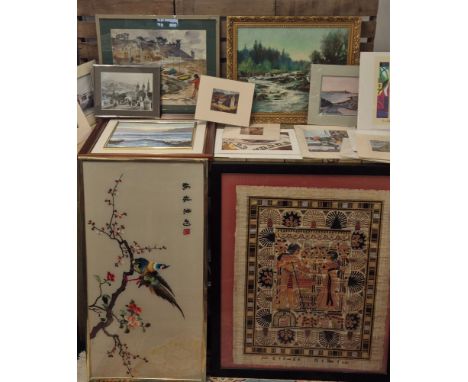 A collection of art works; prints, Chinese silk bird tapestry, painting &amp; parchments 